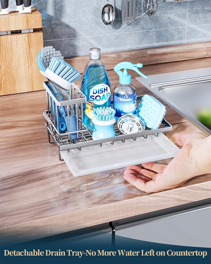 Consumest Sink Caddy, Kitchen Sponge Holder with Dish Brush Holder, Kitchen Sink Organizer with Drip Tray for Countertop Stainless Steel Rustproof, Silver-Large-NeatNest