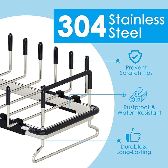 ANTOPY Small Dish Drying Rack - Expandable 304 Stainless Steel Rustproof Dish Rack Over Sink with Silicone Drying Mat & Cutlery Holder, Compact Dish Drainer for Kitchen Counter, Inside Sink, Silver