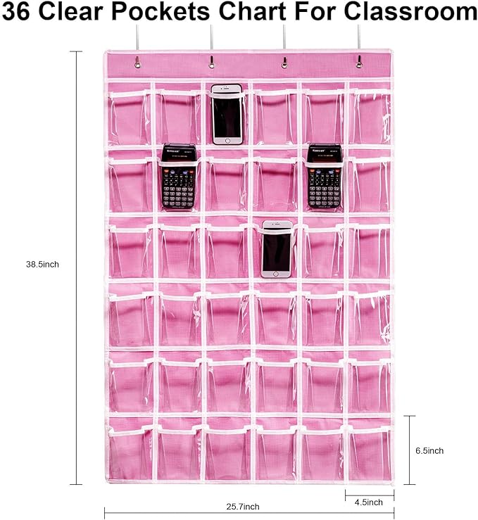 36 Clear Pockets Classroom Pocket Chart for Cell Phones, Pocket Chart Organizer for Calculator Holder with 36 Number Sticker Classroom Hanging Cell Phones Organizer (Pink)-NeatNest