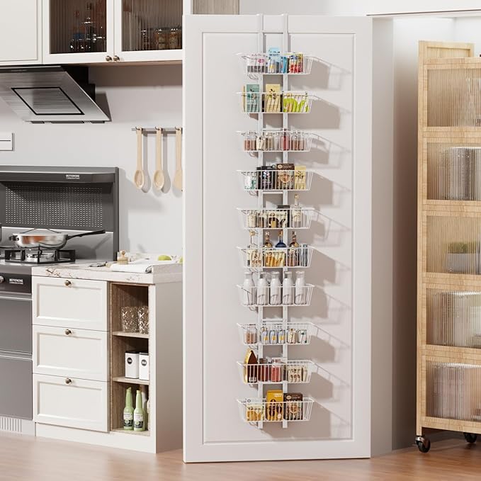 10-Tier Over the Door Pantry Organizer with Baskets Metal Over the Door Hanging Spice Rack, Over Door Organizer and Storage, Spice Rack Door Hanger Organizer for Home & Kitchen Laundry Bathroom, White