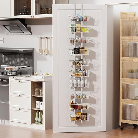 10-Tier Over the Door Pantry Organizer with Baskets Metal Over the Door Hanging Spice Rack, Over Door Organizer and Storage, Spice Rack Door Hanger Organizer for Home & Kitchen Laundry Bathroom, White