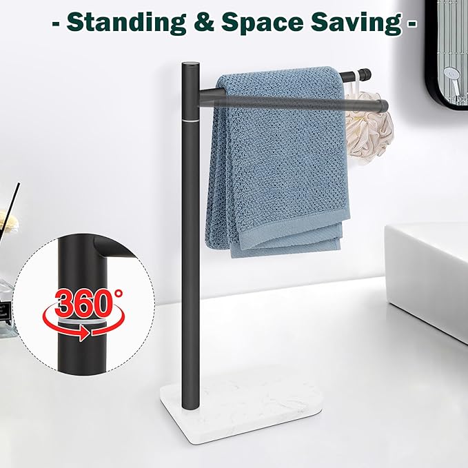 Hand Towel Holder, L-Shape Hand Towel Stand with Marble Base, Stainless Steel Swivel Hand Towel Rack Standing Towel Bar for Bathroom Kitchen Countertop, 1 Arm (Matte Black)
