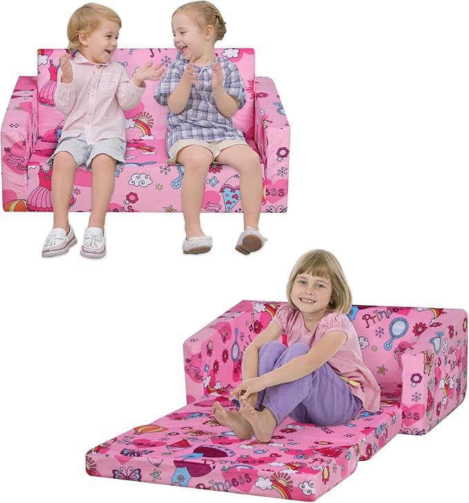 Foam Kid Sofa Couch, 2 in 1 Convertible Sofa to Bed for Baby,Velvet Toddler Sofa Chair with Side Pocket for Kid Playing (W29.92) (Pink)-NeatNest