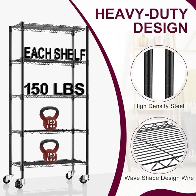 2 Pack 5-Tier Metal Wire Shelving Unit with Wheels & Feet, 14" D x 30" W x 60" H,750 lbs Capacity Adjustable Heavy Duty Steel Wire Rack Storage Shelves for Kitchen, Garage, Pantry