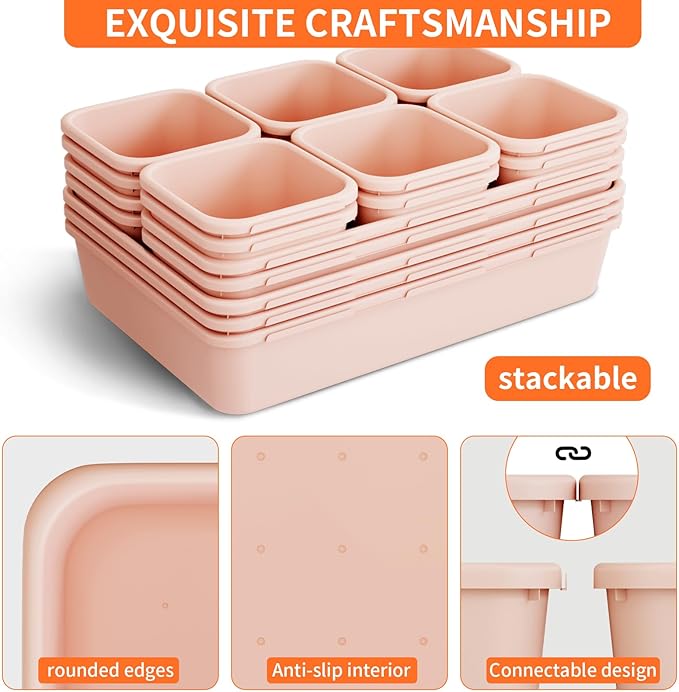 45 Pack Pink Plastic Drawer Organizer Trays - 3-Size Storage for Kitchen, Bathroom, Office, Vanity, Makeup, Utensils, Junk Drawer Organizer Bins, Gadget Trays-NeatNest