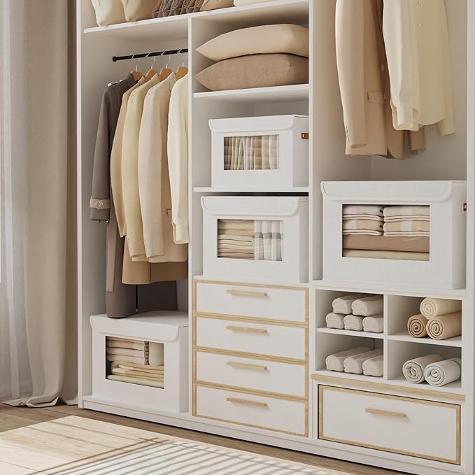 Clothes Boxes, Decorative Linen Closet Organizers Bins, Blanket Baskets for Shelves with Lids, Storage Cubes with Handles, 17.7 x 11.8 x 11.8 inch, White, 1-Pack-NeatNest