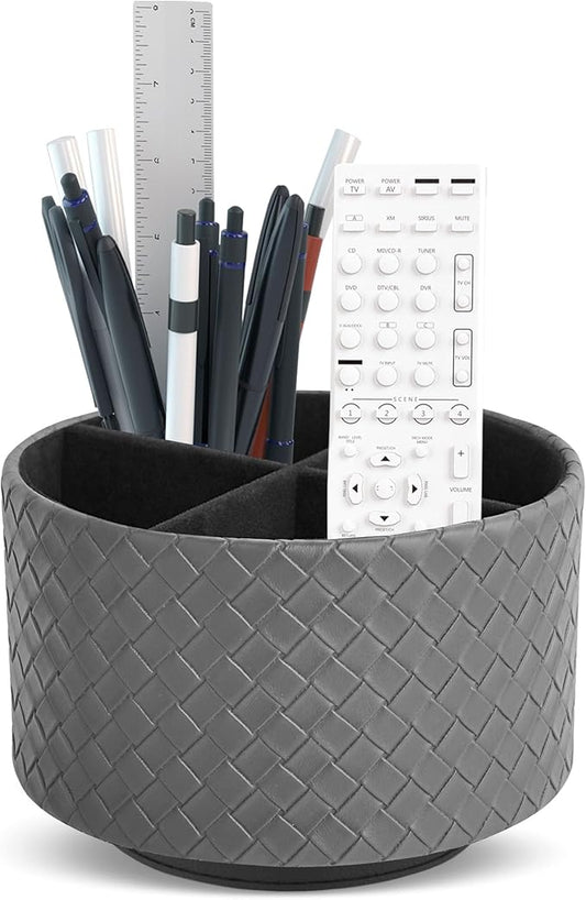 Hennaja Round Leather Art Supply Organizer,Remote Control Holder,360 Degree Spinning,Multi-Functional Pencil Holder,4 Compartments Desktop Stationary Organizer(1-Weave Grey)-NeatNest