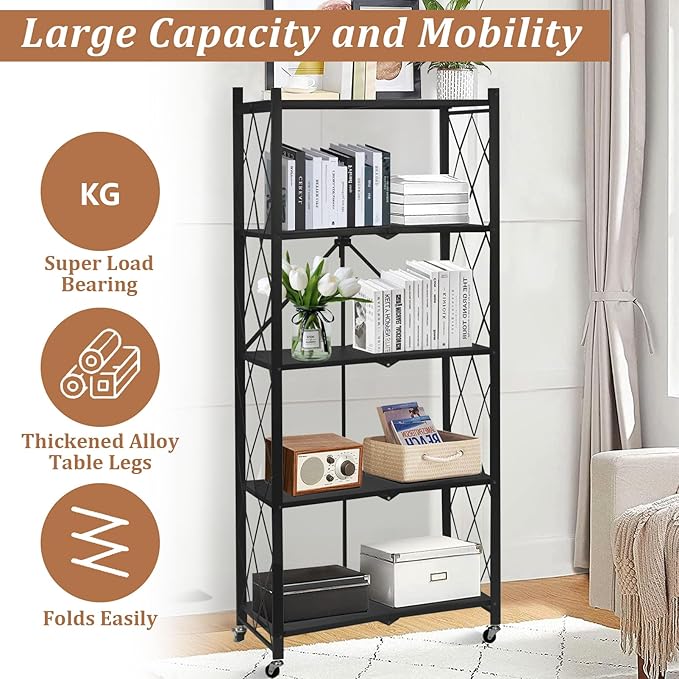 2025 Upgraded Portable 5-Tier Foldable Storage Shelves with Wheels Heavy Duty Storage Shelf Collapsible Shelves Unit Display for Garage Storage Kitchen Pantry & Closet Organizer, Space Black