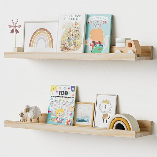 Floating Shelves for Wall, 24 inch Solid Wood Picture Ledge Shelf, Picture Shelf for Wall with Ledge, Floating Book Shelves for living room Bedroom Kitchen Nursery Decor, Natural Unfinished, Set of 2-NeatNest