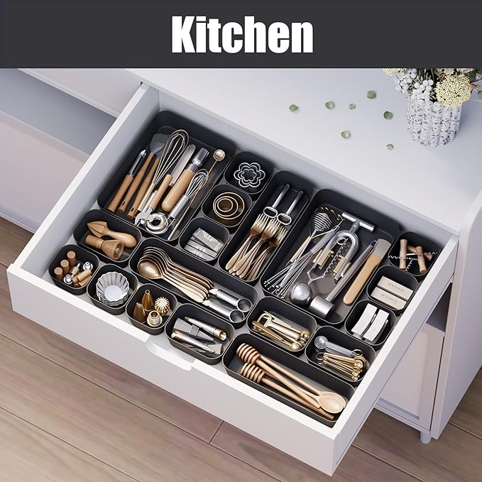 Plastic Drawer Organizers, 18 PCS Drawer Organizer Bins, Bathroom and Vanity Organizer Plastic Tray, Makeup organizer and storage for Makeup, Bedroom, Kitchen Gadgets Utensils and Office (Black)-NeatNest