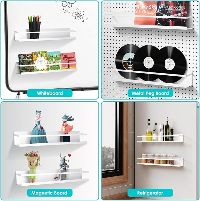 2 Pcs Magnetic Metal Book Shelves, 15.7'' x 2.7'' x 2.7'', Special for Whiteboard, Classroom and Fridge Storage, Holds up to 12 lbs