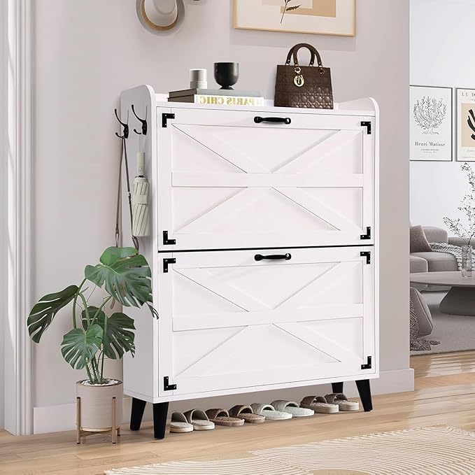Shoe Cabinet Storage for Entryway - Narrow Shoe Storage Cabinet with 2 Flip Drawers, Farmhouse Shoe Organizer for Entryway Slim Hidden Shoe Rack Cabinet with Hooks for Hallway Foyer Garage-NeatNest