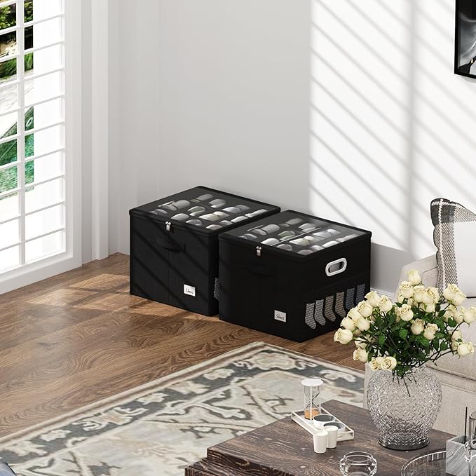 2 Pack Shoe Organizer for Closet Large Shoe Box Storage Containers with Clear Window Space Saving Shoe Bin with Foldable Bottom Support Adjustable Dividers Fits 32 Pairs (Black, (16.5*16.5*13in)*2)-NeatNest