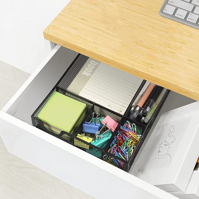 Desk Drawer Organizer Tray, 5 Compartments Metal Mesh Drawer Organizer Tray, Pen Pencil Desk Organizers and Accessories for Office Supplies, School & Makeup, 12.3 x 8.4 x1.7inch, Black-NeatNest