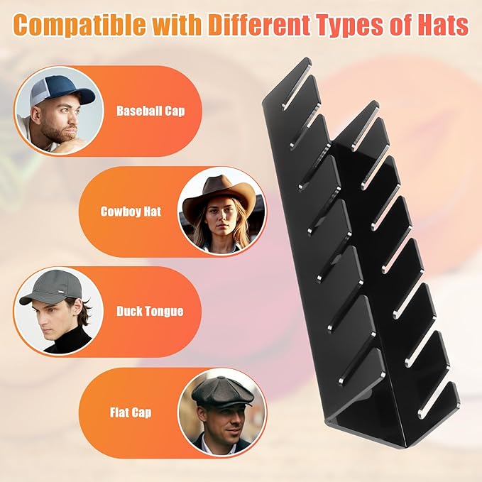Hat Stand for Baseball Caps, 2 Pack No Install Acrylic Hat Organizer for 14 Baseball Caps Storage Organizer, Hat Racks Hat Holder Display and Organization for Closet, Bedroom, Dresser (Black-2Pack)-NeatNest