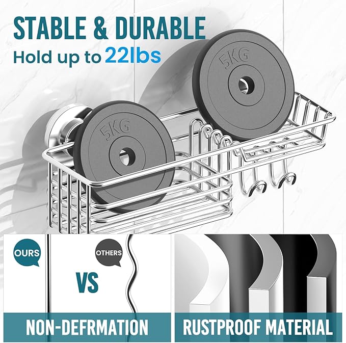 TAILI Shower Caddy Suction Cup 2 Pack with Hooks and Soap Holder, Heavy Duty Shower Organizer for Bathroom, No Drilling Silver bathroom suction shelves