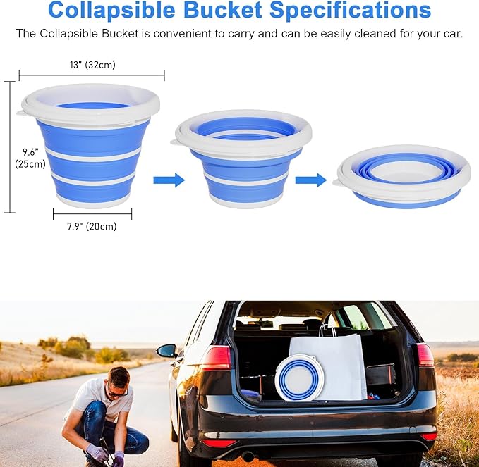 Collapsible Car Wash Bucket with Microfiber Mitt, 10L (2.6 Gallon) Portable Water Bucket with Handle for Car Wash Household Cleaning, Multiuse Collapsible Water Bucket and Car wash mitt - Blue-NeatNest