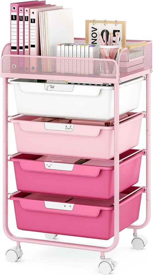 Rolling Cart with 4 Drawers,4 Tiers Rolling Utility Cart Craft Cart,Rolling Storage Drawer Cart with Mesh Top,Storage Cart with Drawers & 4 PCS DIY Lable, Rose Pink
