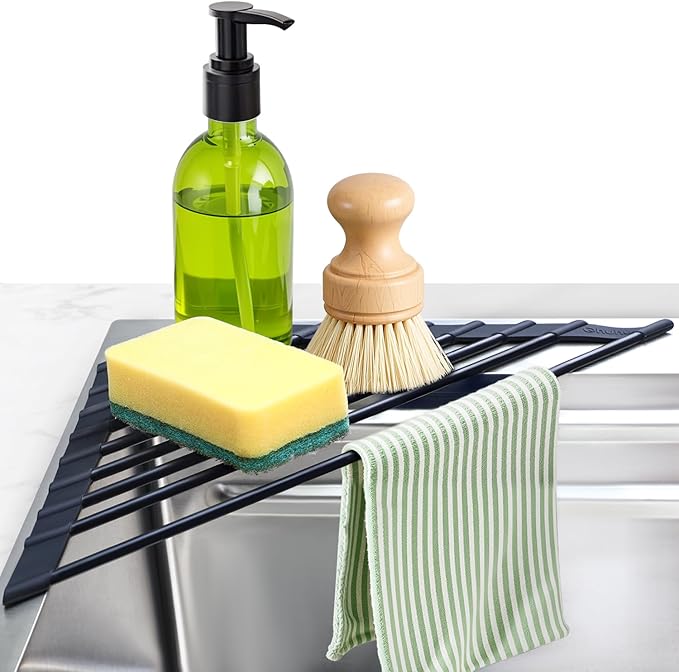 Corner Sink Caddy, Ohuhu Sponge Holder for Kitchen Sink Organizer Silicone Wrapped Steel Anti Slip Rust Triangle Over the Sink Dish Drying Rack for Sink Corner Multipurpose Drainer Trivet Space-Saving-NeatNest