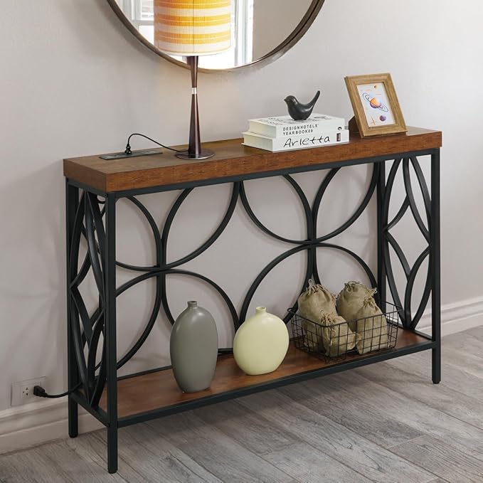 CAPHAUS 41” 2-Tier Industrial Sofa Console Thick Table w/Storage & Charging Station, Entrance Tableau w/ 2 Outlets, USB & Type-C Ports for Entryway, Living Room, Hallway, Foyer, Rustic, Butterfly-NeatNest