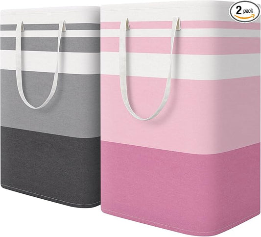 HomeHacks 2 Pack Large Laundry Baskets, Waterproof, Freestanding Laundry Hampers, Collapsible Clothes Hamper with Reinforced Handles in Laundry, College Dorm, Bathroom, Bedroom (Grey+Pink, 75Lx2)-NeatNest
