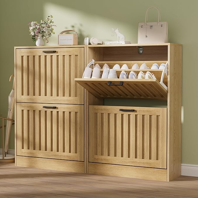Shoe Storage Cabinet for Entryway with 2 Flip Drawers, Wooden Shoe Organizer with Adjustable Shelf, Freestanding Wood Fluted Panel Shoes Cabinet Closed Shoe Rack for Hallway, Foyer, Nature Oak-NeatNest