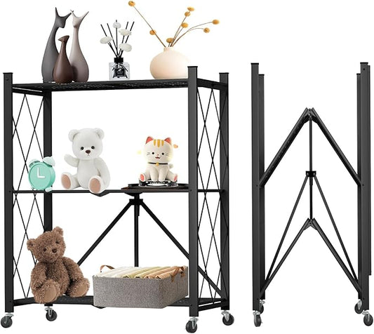 3 Tier Foldable Storage Shelf with Wheels, Heavy Duty Garage Shelving Unit Loads 550 LBS, Metal Steel Collapsible Shelves, Rolling Standing Utility Rack for Kitchen, Pantry, Office, Black