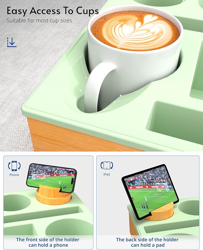 Couch Cup Holder Tray - Couch Organizer Caddy, Silicone Beach Caddy with Cup Holder, Sofa and Bed Drink Holder and Couch Tray Table for Snacks Beverage Remote (Green)-NeatNest