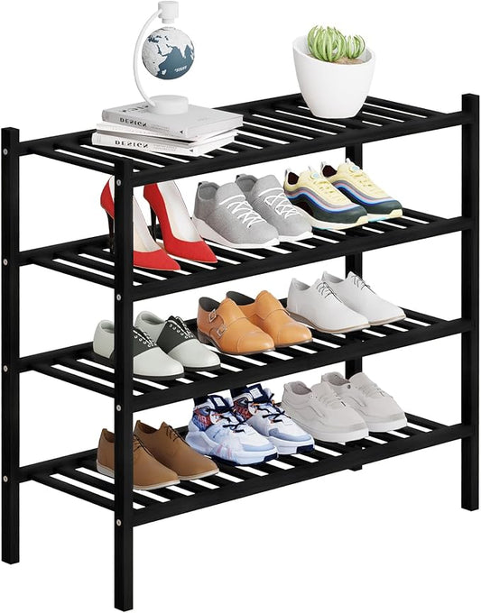 4 Tier Bamboo Shoe Rack Storage Organizer for Closet, Multifunctional Stackable Free Standing Shoe Shelf Organizer for Small Space,Entryway, Hallway, Bathroom27 x11 x26(Black, 4 Tier)-NeatNest