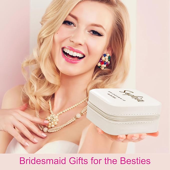 DayOfShe Bridesmaid Proposal Gifts Personalized Bridesmaid Jewelry Box Leather Small Travel Jewelry Organizer Ring Case for Wedding Maid of Honor Gifts-NeatNest