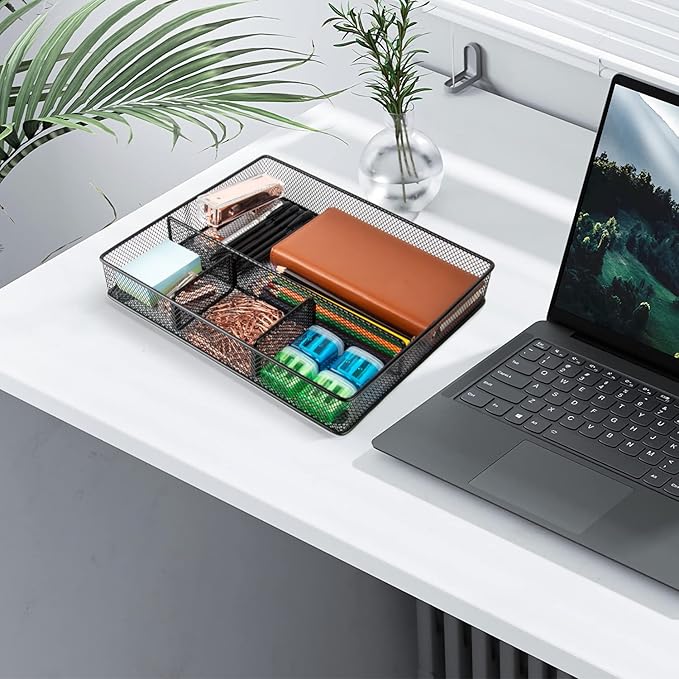 Desk Drawer Organizer Tray, Metal Mesh Drawer Organizers Office, 4 Grid with Adjustable Compartment, Desk Organizer Tray for Home Office 12x10.6x1.9 inch Black, 2 Pack-NeatNest