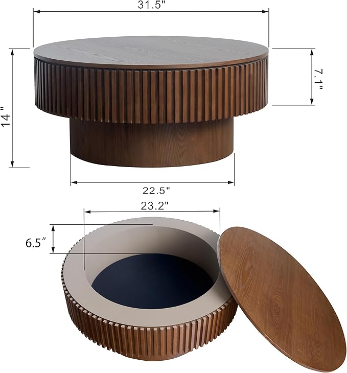 kevinplus 31.5'' Round Coffee Table with Storage Space, Modern Wood Circle Fluted Drum Pedestal Coffee Table for Living Room, Easy Assembly, Walnut (ø31.49'' x 14'')