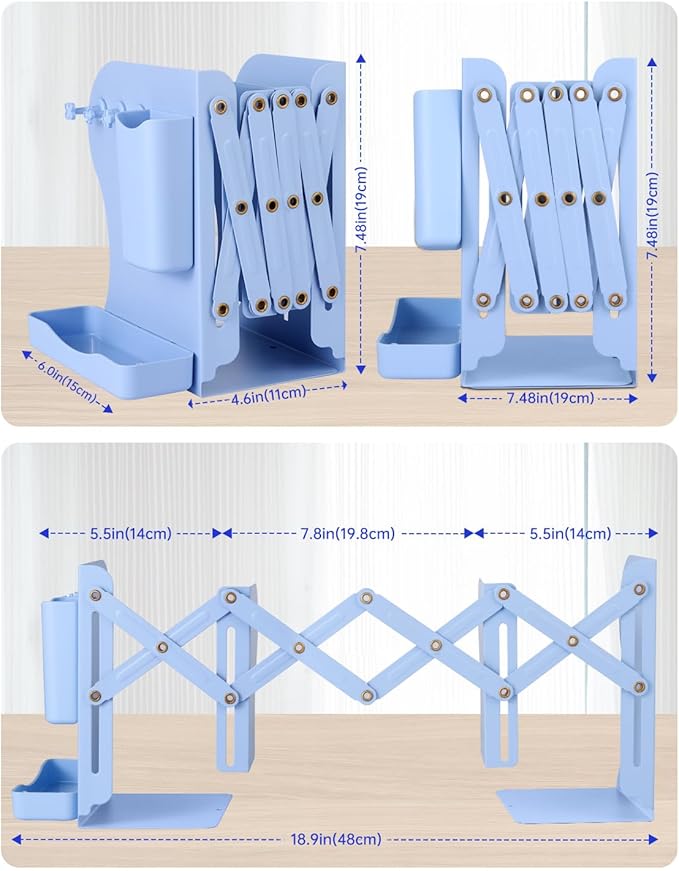 Honagu Adjustable Bookends, Metal Book Ends for Shelves Heavy Book, Desk Magazine File Organizer for Home, Office, Books, Papers with Removable Hook, Pen Holder（Light Blue）