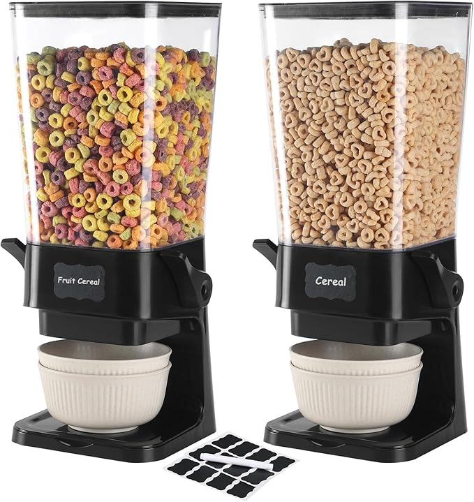 Cereal Dispenser Countertop with Cereal Bowls,16 Labels & Pen, Cereal Containers Storage, Candy Dispenser, Dry Food Dispenser For Pantry - Not Easy to Crush Food (Black, 2 Pack)-NeatNest