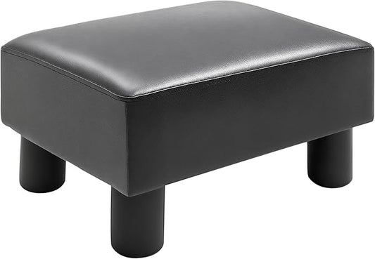 HOMCOM Ottoman Foot Rest, Small Foot Stool with Faux Leather Upholstery, Rectangular Ottoman Footrest with Padded Foam Seat and Plastic Legs, Bright Black