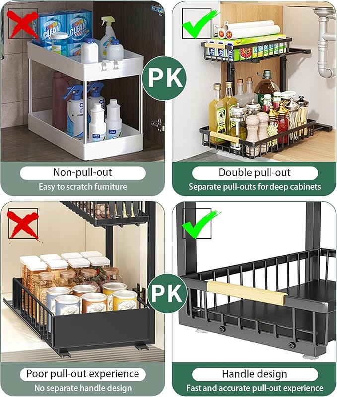 2 Tiers Under Sink Organizers, 2 Pack Metal Kitchen Storage Shelf, Pull Out Sink Storage Rack, Multi-purpose Under Sink Shelf Organizer for Under Sink Cabinet Bathroom Kitchen (Black)-NeatNest