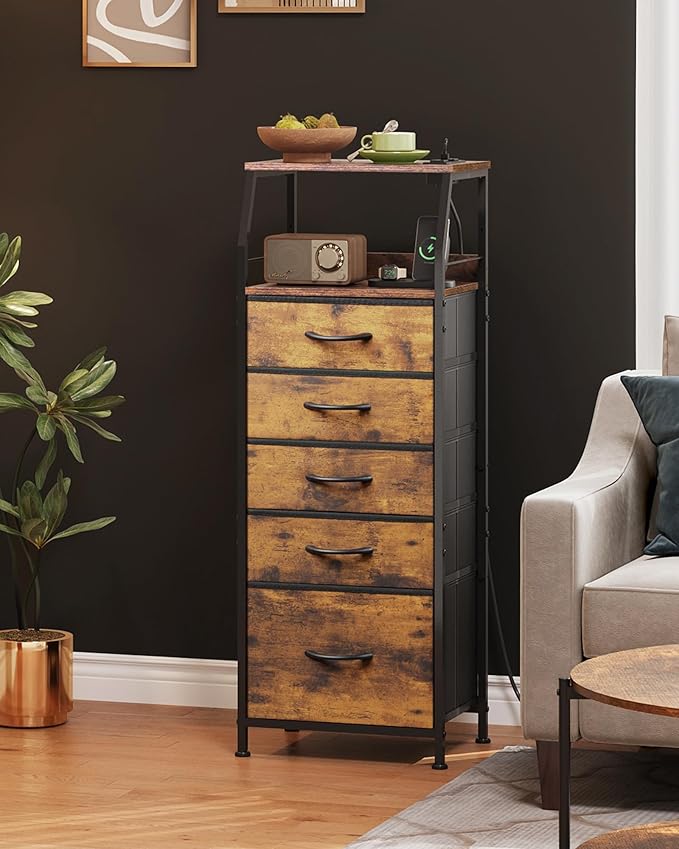 WLIVE LED Nightstand with Charging Station, Fabric Dresser with 5 Drawers for Bedroom, Tall Night Stand with Open Shelves, Bed Side Tables Living Room, Rustic Brown