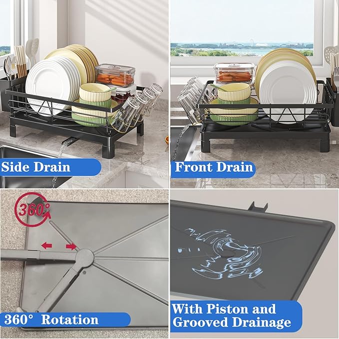 Dish Drying Rack with Drainboard, Dish Racks for Kitchen Counter, Stainless Steel Kitchen Dish Drainer with Cutlery Holder, Cup Holder, Rustproof, Easy Installation