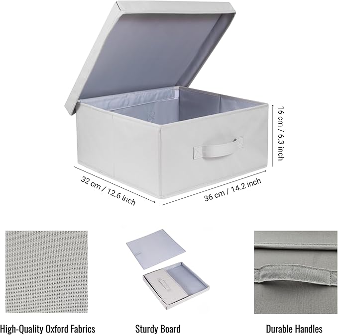 2 Pack Collapsible Storage Bins - Fabric Storage Bins with Lid for DVD Storage, Memory Box, Versatile Closet Storage Bins (Light Grey, 14.2" L x 12.6" W x 6.3" H)-NeatNest