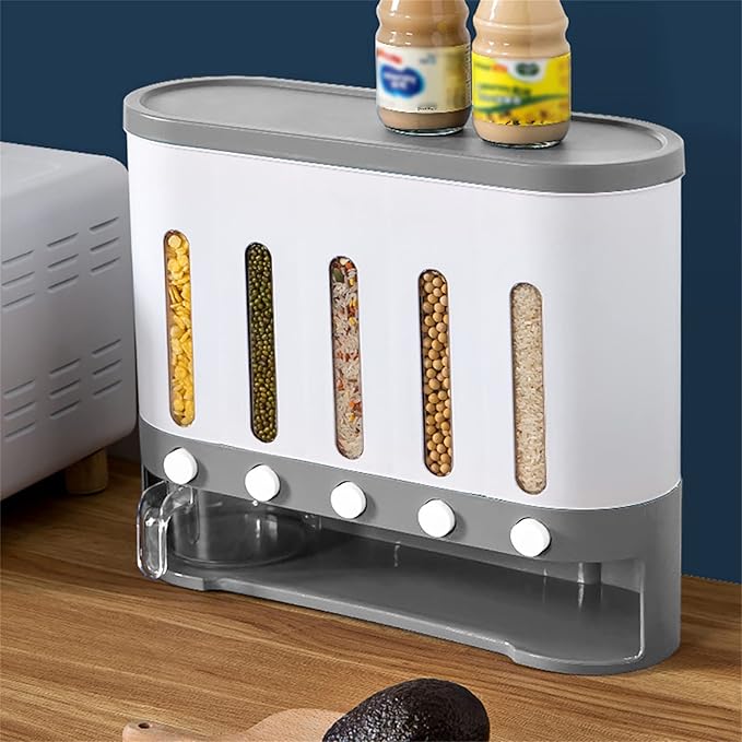 5 Grid Grain Dispenser Rice Dispenser Countertop Multi Cereal Dispenser Wall Mounted Dry Food Dispenser Rice Bucket Grains Storage Container for Rice, Beans, Grains,Dry Food-NeatNest