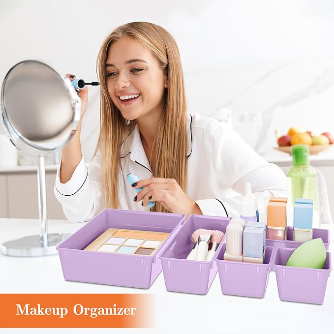 25 PCS Plastic Drawer Organizer Set, 4-Size Versatile Organizer Trays & storage Bins for Makeup, Jewelry, and Gadgets in Bathroom, Bedroom and Office, Purple-NeatNest