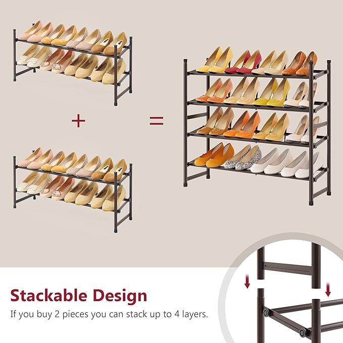 Tajsoon 2 Tier Expandable Shoe Rack for Closet, 28“-41“Adjustable & Stackable Shoe Shelf Storage, Metal Shoe Rack Organizer for Front Door Entrance, Closet, Garage, Entryway, Bronze-NeatNest