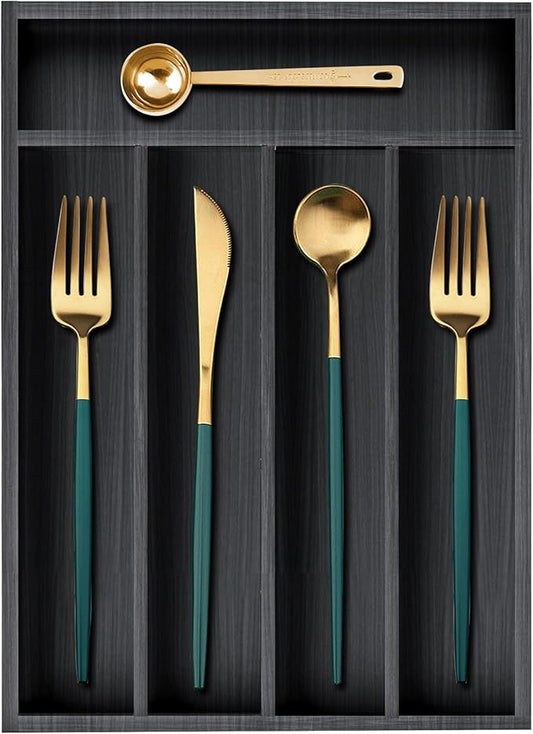 Small Kitchen Utensils Drawer Organizers Black Wooden Cutlery Tray Flatware Silverware Organizer Divider Storage Narrow Wood Silverware Utensil Tray Bamboo Cutlery Fork Spoon Holder for Drawer-NeatNest