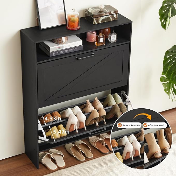 Shoe Storage Cabinet with 2 Flip Drawers,Farmhouse Narrow Shoe Organizer with Legs,Freestanding Hidden Slim Shoe Rack Cabinet with Open Storage for Entryway,Hallway, Foyer, Black-NeatNest