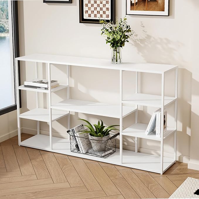 55 Inch Metal Console Table with 8 Storage Shelves,Extra Long Entryway Table,Narrow Sofa Table,Hallway Table for Entrances to Corridor, Foyer,Living Room (White, 55.12×11.81×31.5in)-NeatNest
