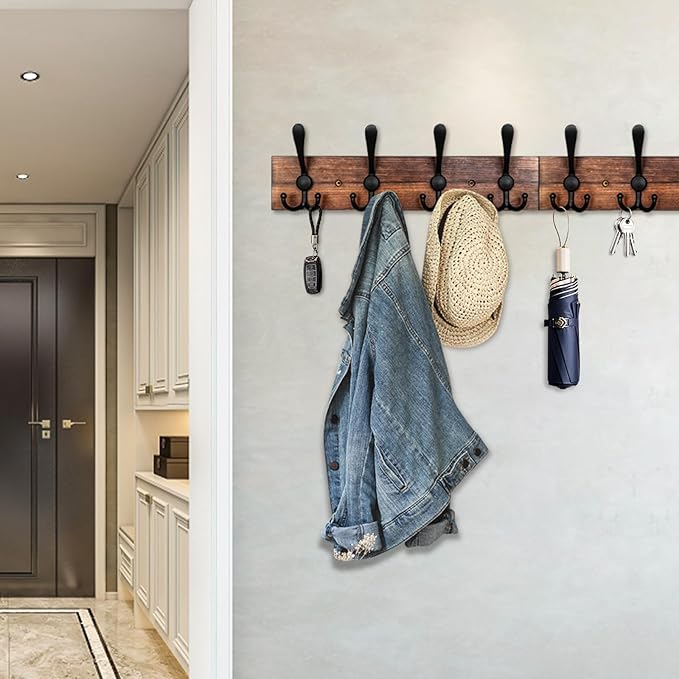 IBosins Wall Mounted Coat Rack, 31-2/5'' Long, Entryway Hanging Rack, Metal Wood Coat Hooks Rack with 8 Black Rustic Tri-Hooks Rail for Coat, Bag, Towel, Key, Hat, Umbrella-NeatNest