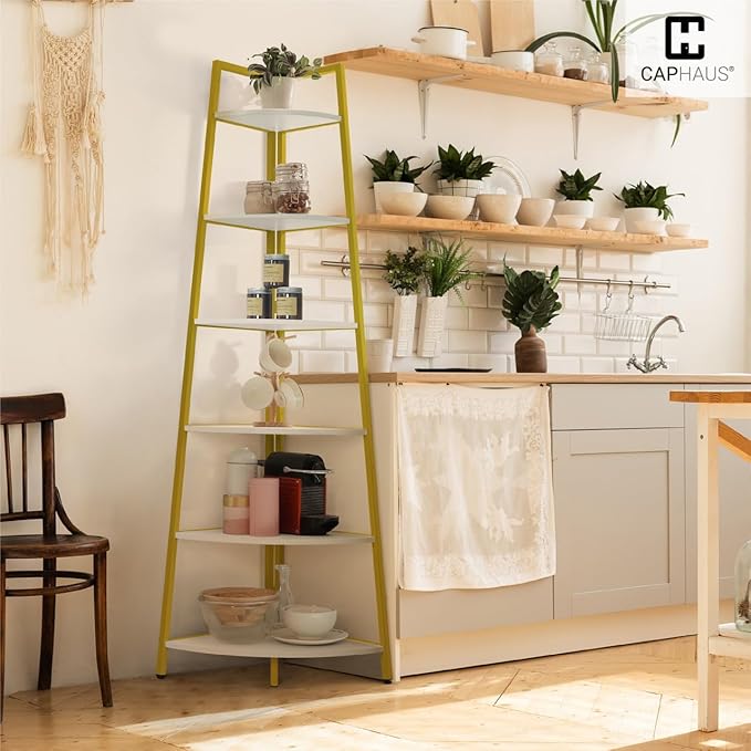 CAPHAUS Tall Corner Shelf Stand, 6-Tier Display Shelves, Ladder Corner Wood Storage Plant Bookshelf with Metal Frame, Versatile Shelving Unit Bookcase for Home Office Space, Gold-NeatNest
