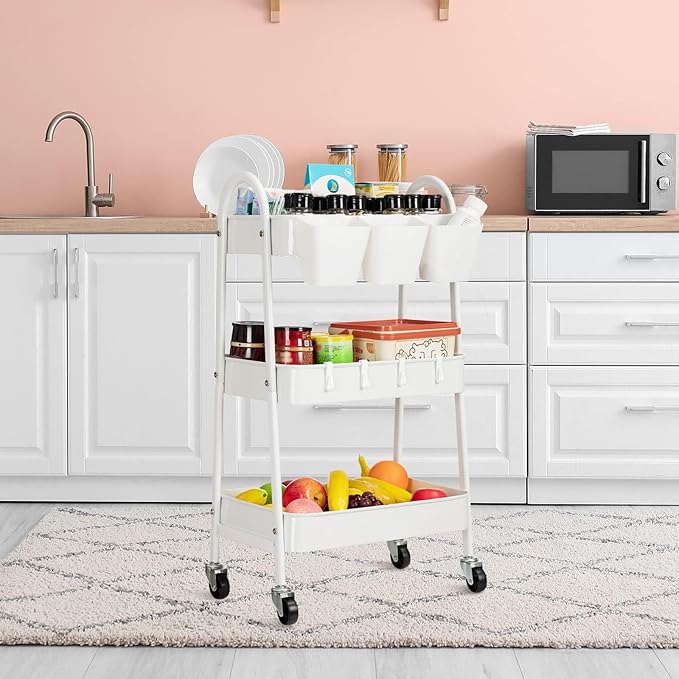danpinera 3-Tier Rolling Cart, Metal Rolling Storage Cart with Lockable Wheels & Hanging Cups & Hooks, Mobile Trolley Cart for Kitchen, Bathroom, Office, Workshop, White-NeatNest