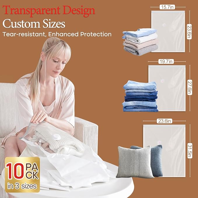 Vacuum Storage Bags for Clothing Travel, 10 Pack Vacuum Bags with Wireless Charging Air Pump(2 Large+4 Medium+4 Small), Compression Packing for Clothes Blanket Suitcase Luggage-NeatNest