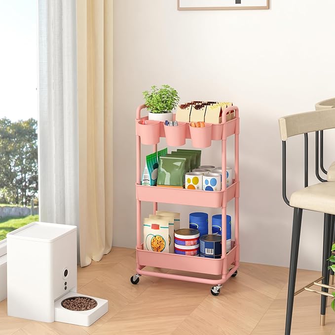 JIUYOTREE 3-Tier Plastic Rolling Storage Cart Utility Cart with Extra Hanging Cups Handles Lockable Wheels for Living Room Bathroom Kitchen Office Pink-NeatNest